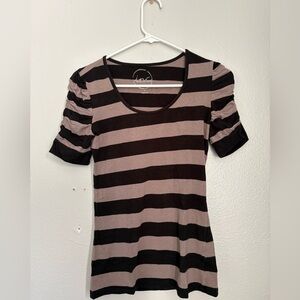 INC International Concepts Black and Grey Striped Ruched Sleeve Scoop Top